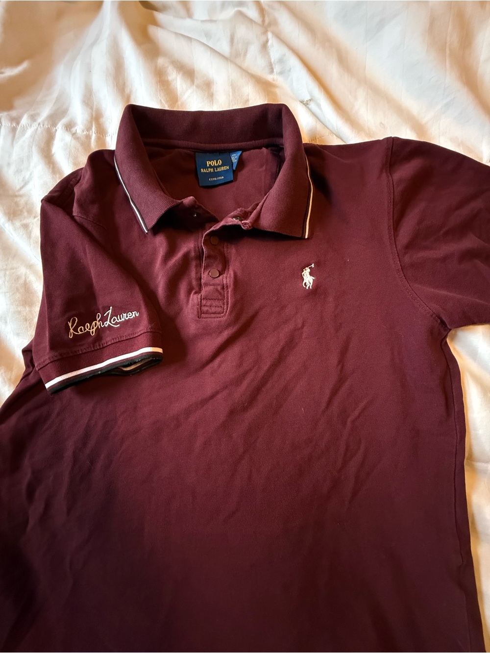 Ralph Lauren Polo Shirt - Wine with White Pony and Stripe